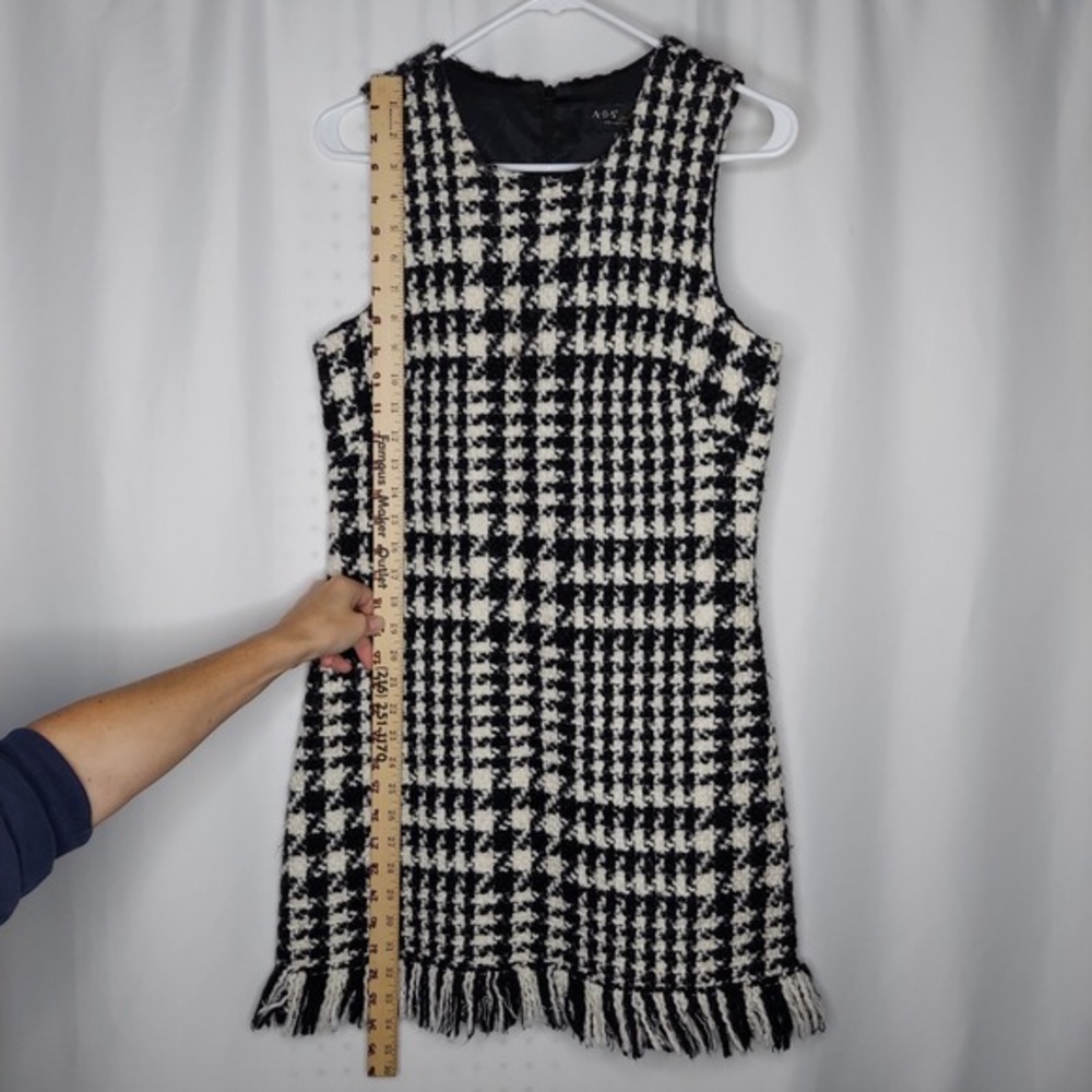 ABS Knit Dress 6 Sleeveless Chunky Woven Plaid Black Cream Fringe‎ Hem Mini
